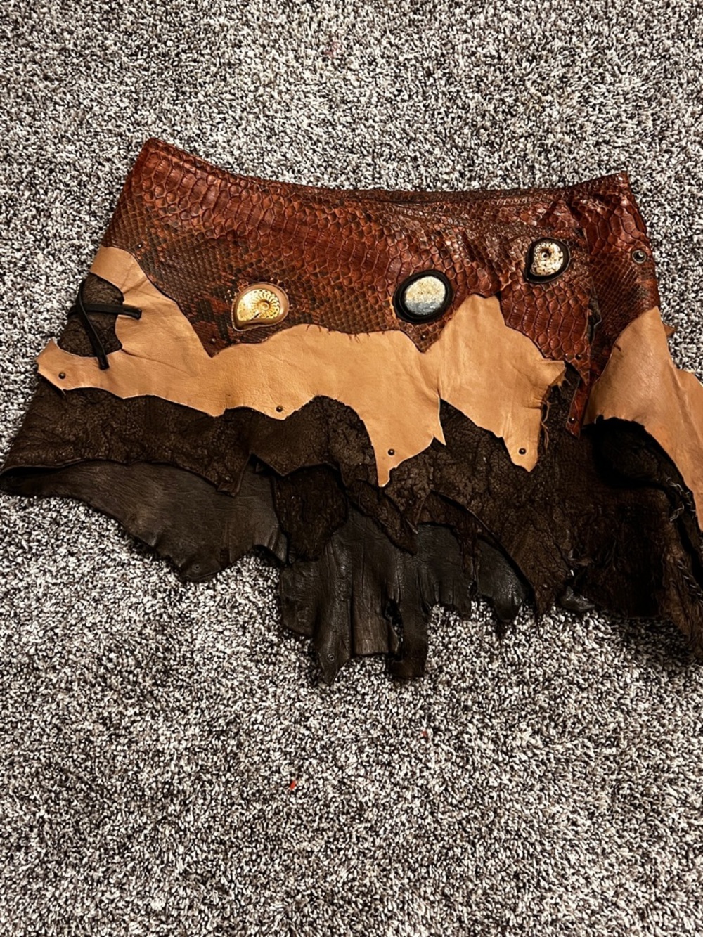 Bohemian Patchwork Leather Mini Skirt in Brown and Tan